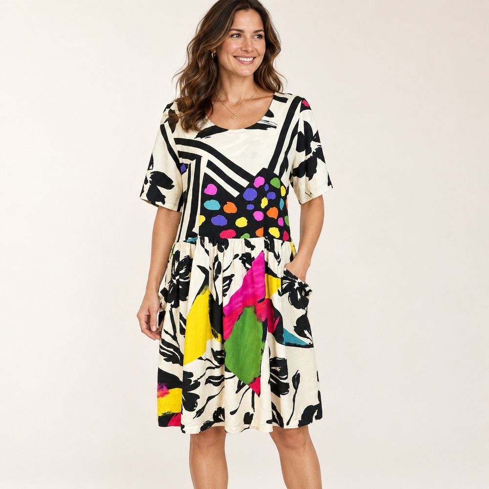 Jams World Dress M Artsy Floral Colorful Pockets Drop Waist Short Sleeve Resort